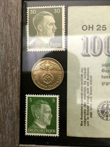 WW2 Rare German 5 Reichspfennig Brass Coin Stamps & 100000 Mark Bill