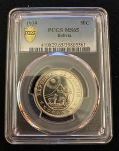 BOLIVIA 50 CENTS 1939 PCGS MS65