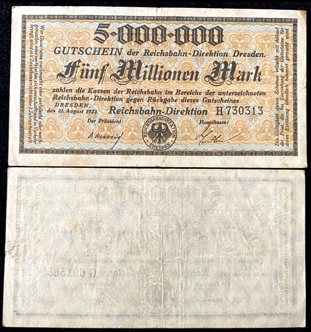 Germany 5 MILLION Mark 1923 Railroad Dresden 99 Years Old