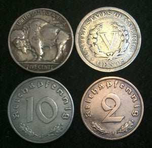 Antique V & Buffalo Nickel & Rare WW2 German Coins - Historical Artifacts