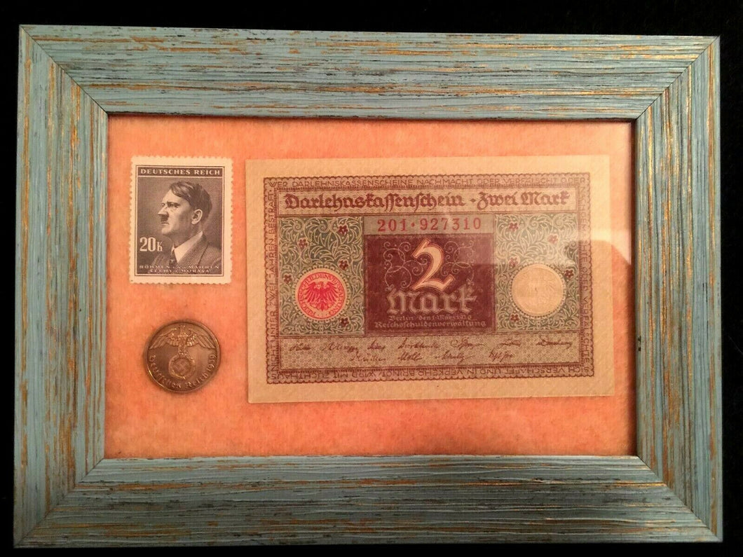 WW2 Rare German 2 Reichspfennig Copper Coin Uncirculated Stamp & 2 Mark Bill