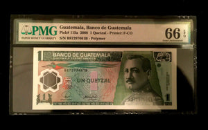 Guatemala 1 Quetzal PMG 66 EPQ s/n B8729766 POLYMER Banknote World Paper Money - Collectors Couch