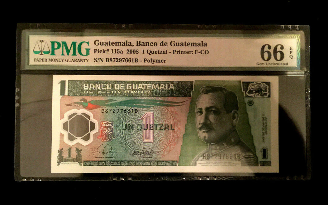 Guatemala 1 Quetzal PMG 66 EPQ s/n B8729766 POLYMER Banknote World Paper Money