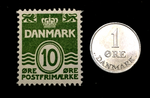 Danmark Collection - Unused Stamp & Unused 1 Ore Ore Coin - Educational Gift