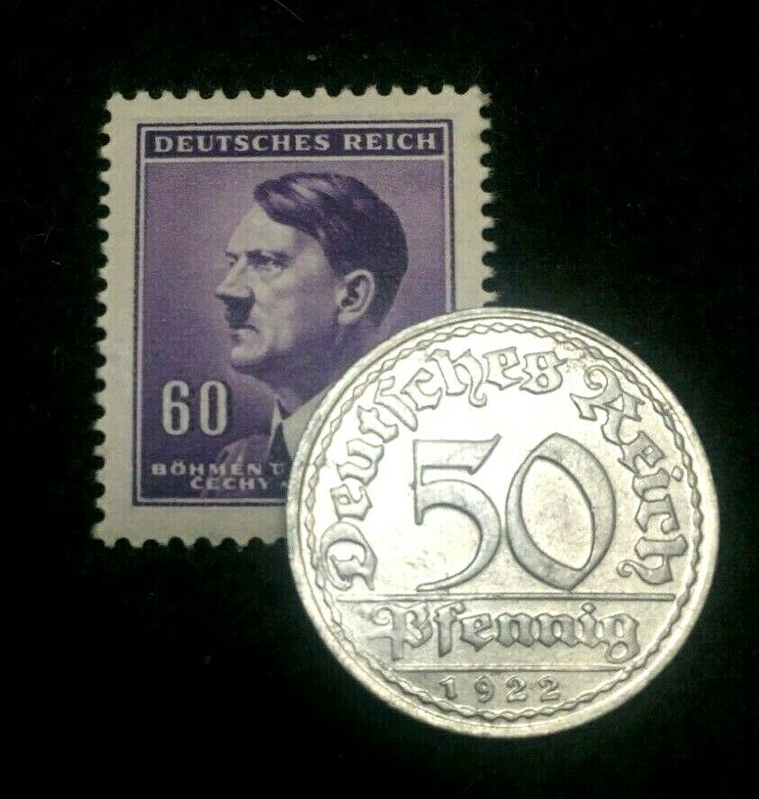 Rare Antique German 50 Pfenning 1920s Coin & Unused Blue Stamp WW1 & 2 Artifacts - Collectors Couch