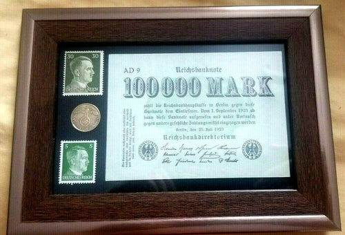 WW2 Rare German 5 Reichspfennig Brass Coin Stamps & 100000 Mark Bill - Collectors Couch