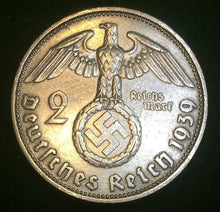 Load image into Gallery viewer, Rare WW2 German 2 Reichsmark SILVER Coin Historical WW2 Authentic Artifact