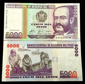 PERU 5000 INTIS Banknote World Paper Money UNC Currency Bill Note