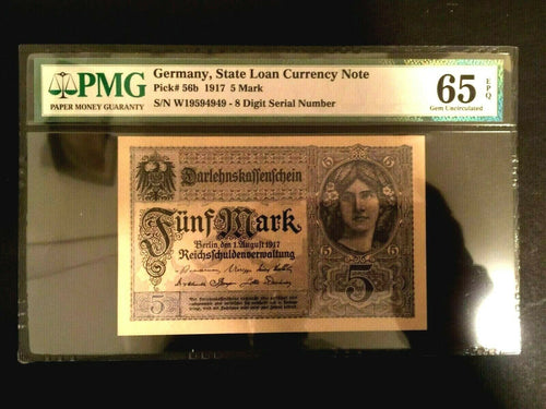 Rare 5 German Mark 1917 Sequential Set of 5 - PMG UNC GEM EPQ -  WW1 Era