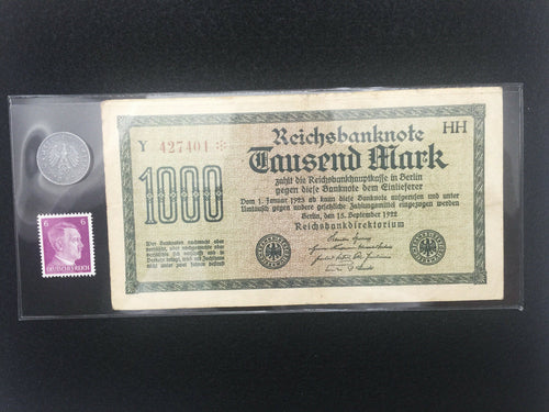 German WWII Rare 10 Rp Coin & Stamp with 1000 Mark Bill in Holder - Collectors Couch