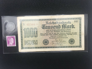 German WWII Rare 10 Rp Coin & Stamp with 1000 Mark Bill in Holder
