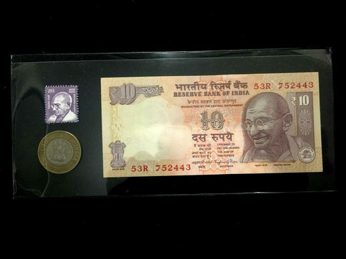 India 10 Rupee Gandhi New Bill, Unused Gandhi Stamp, and Used 10 Rs Coin - Collectors Couch