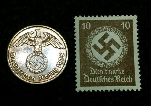 Rare Old WWII German War Coin Two Reichspfennig & Stamp World War 2 Artifacts