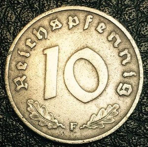 German WW2 Rare 10 Rp Coin wth  Stamps 1 Mark Bill in Disp frame - Collectors Couch