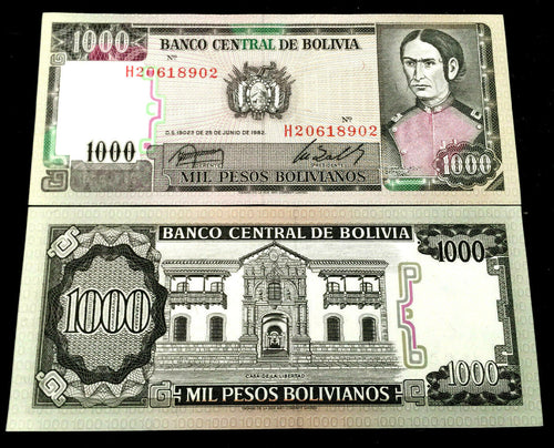 Bolivia 1000 Pesos Bolivianos 1982 Banknote World Paper Money UNC Currency Bill - Collectors Couch