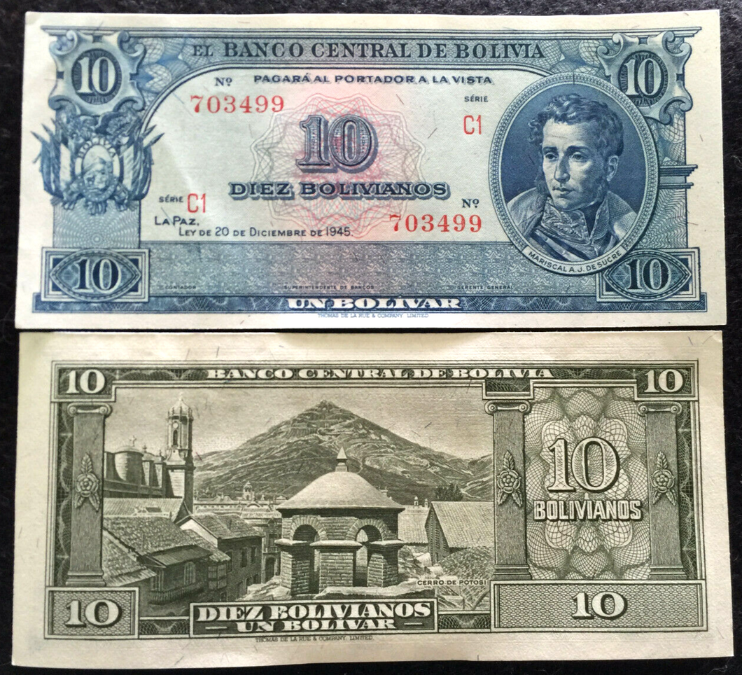 Bolivia 10 Bolivianos 1945 P139d Banknote World Paper Money UNC