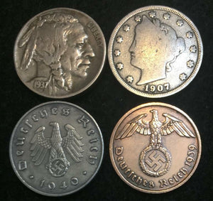 Antique V & Buffalo Nickel & Rare WW2 German Coins - Historical Artifacts