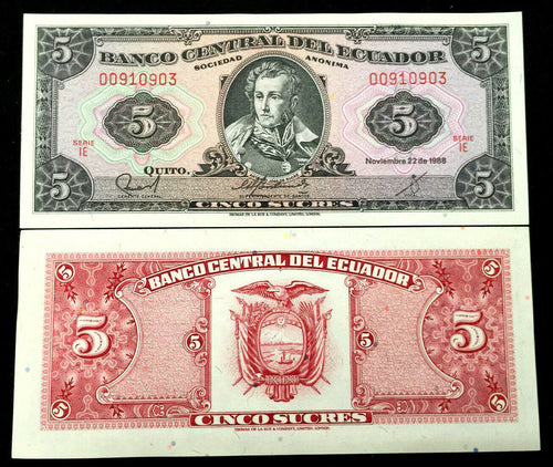 Ecuador 5 Sucres 1988 Banknote World Paper Money UNC Currency - Collectors Couch