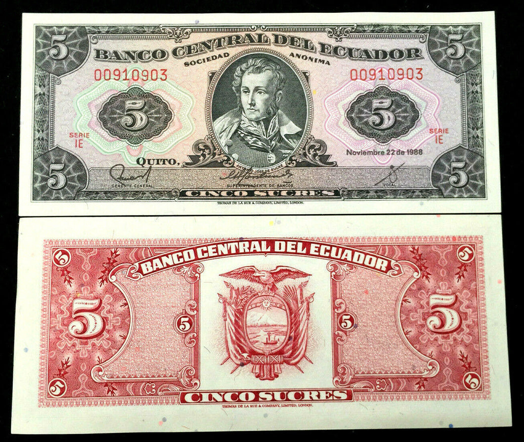 Ecuador 5 Sucres 1988 Banknote World Paper Money UNC Currency