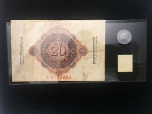 WW2 Rare10 RP German Coin & Stamp & 20 Mark Bill in Holder -Historical Artifacts - Collectors Couch