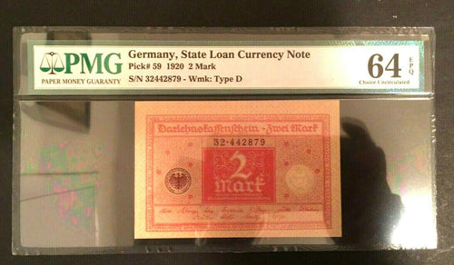 Antique Rare Historical 2 German Mark 1920 -  PMG Certified UNC EPQ - WW1 Era - Collectors Couch