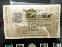 Load image into Gallery viewer, Authentic Rare German 1000 Mark Bill &amp; 5 Mark SILVER Coin &amp; Stamps
