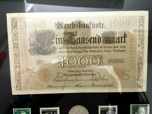 Authentic Rare German 1000 Mark Bill & 5 Mark SILVER Coin & Stamps