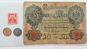 WW2  Rare 1RP German Coins and Stamp & 20 Mark Bill in Holder.