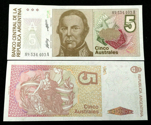 Argentina 5 Austral Banknote World Paper Money UNC Currency Bill Note - Collectors Couch