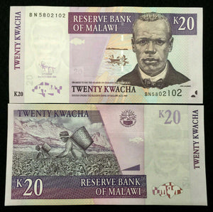 MALAWI 20 KWACHA Year 2009 Banknote World Paper Money UNC Currency Bill Note