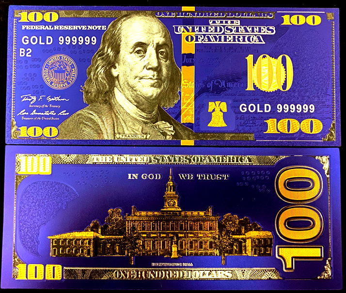 Blue Foil Plated Double Sided $100 Dollar Bill with Yellow Seal