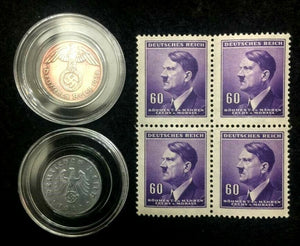 Authentic German WW2 Coins & Unused Purple Stamps - Antique Historical Artifacts