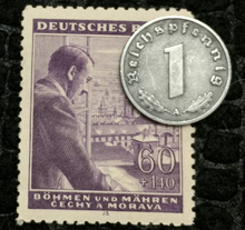 Load image into Gallery viewer, Rare Old WWII German War 1 Reichspfennig Coin &amp; 60RP Stamp World War 2 Artifacts