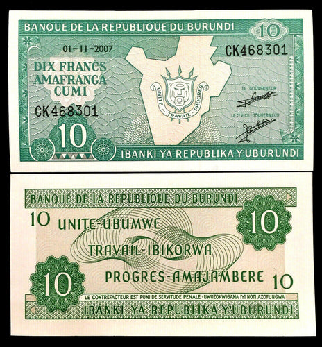 Burundi 10 Francs Banknote World Paper Money UNC Currency Bill Note - Collectors Couch