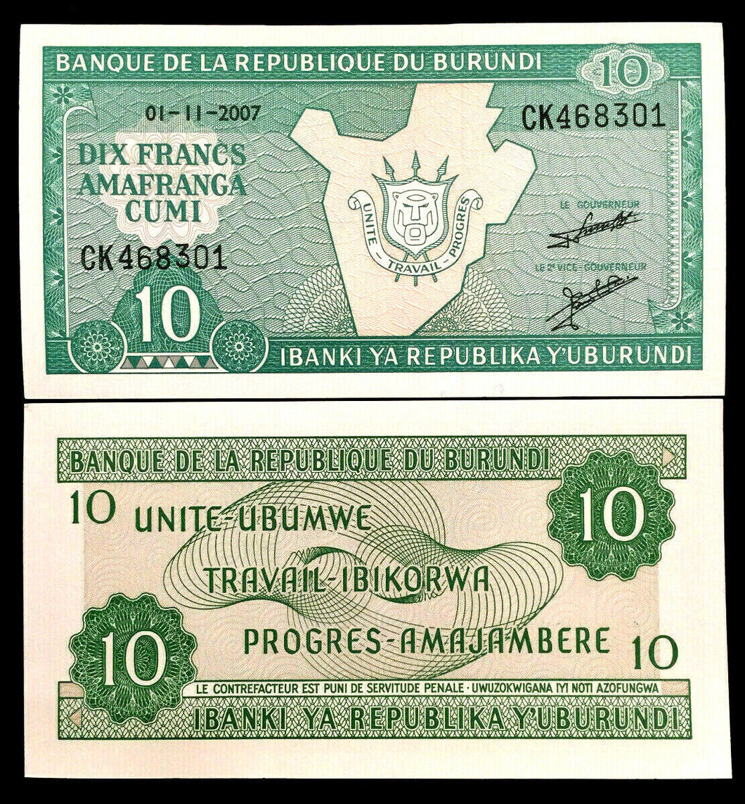Burundi 10 Francs Banknote World Paper Money UNC Currency Bill Note