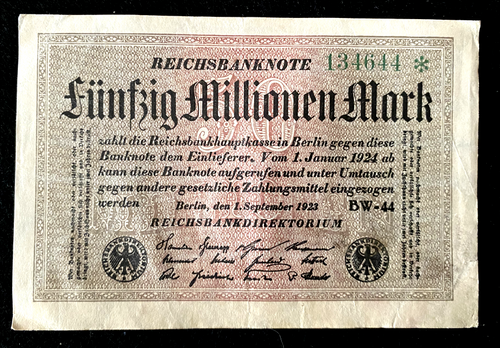 Germany 50 MILLION Mark 1923 BERLIN Post WWI Hyperinflation Era - Collectors Couch