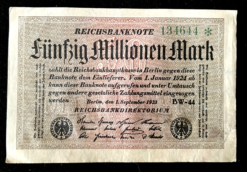 Germany 50 MILLION Mark 1923 BERLIN Post WWI Hyperinflation Era
