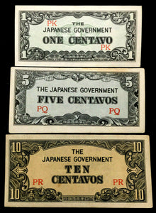 Japanese Government Occupation 1,5,10 Centavos Philippines WWII Era 1942