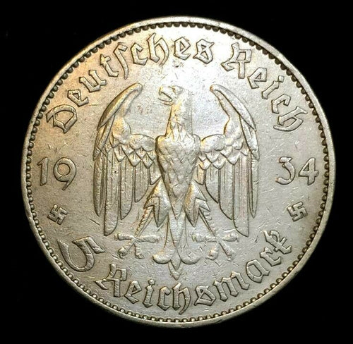 German WWII 5 Reichsmark SILVER Coin Potsdam Church - Place Where Evil Was Born
