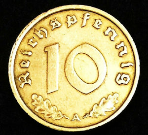 German WWII Rare 10 Rp Brass Coin & Stamp in a Secure Metal Display Frame - Collectors Couch