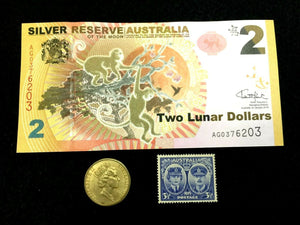 Australia Authentic $2 UNC Bill, Unused Stamp & $1 Coin - Great Collectors Set