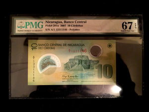 Nicaragua 10 Cordobas P201a 2007 PMG 67 EPQ s/n A/1 13311146 Polymer Banknote