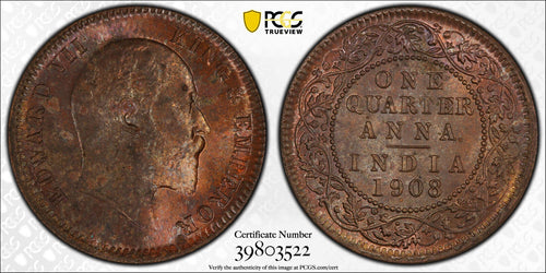 1908-C India 1/4 Anna PCGS MS63 BN - Collectors Couch