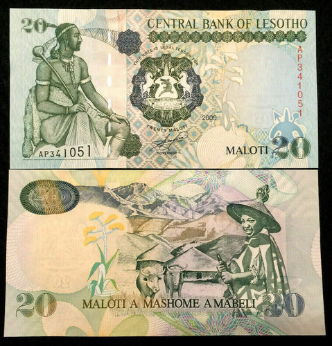 Lesotho 20 Maloti 2009 Banknote World Paper Money UNC Currency Bill Note - Collectors Couch
