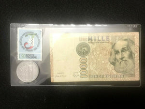 Historical Italy Collection- Used 1000 Lire Bill, 500 Lire Coin, & New Stamp