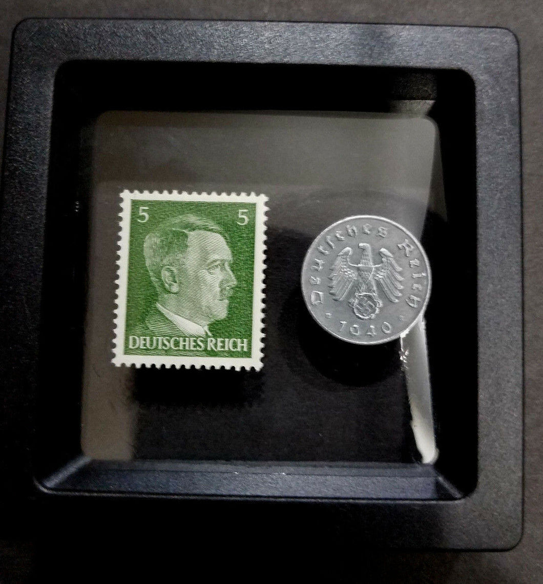 Rare WW2 German 5 Reichspfennig Coin & Unused Stamp Historical Artifacts - Collectors Couch