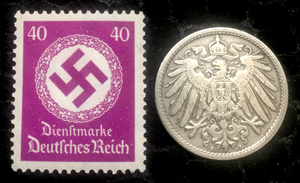 Historical Antique- German 10 Pfennig Coin with Famous 40pf Purple Unused Stamp