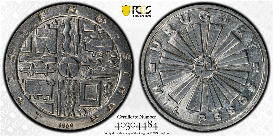 1969-So Uruguay FAO Silver 1000 Pesos PCGS UNC - Collectors Couch