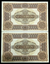 Load image into Gallery viewer, Hungary 100 Korona 1920 P63 aUNC TWO Consecutive Numbers RARE - 100 Years Old