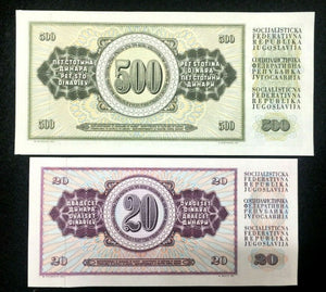 Yugoslavia 20 and 500 Dinar Banknote World Paper Money UNC Currency Bills